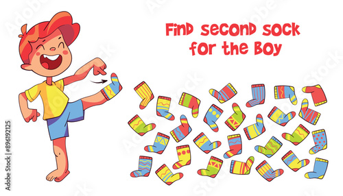 Find two same items. Find second sock for boy. Find other pair. Educational game for kids. Funny cartoon character. Worksheet page. Vector illustration. Isolated on white background