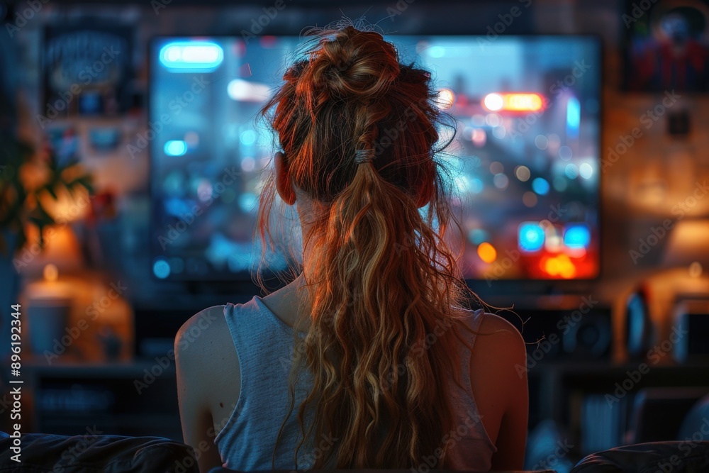 A woman with long blond hair is focused on a cyberpunk-themed game on her TV, showcasing an enthralling and dynamic gaming atmosphere with vibrant city lights. A woman with long blond hair is focused on a cyberpunk-themed game on her TV, showcasing an enthralling and dynamic gaming atmosphere with vibrant city lights.