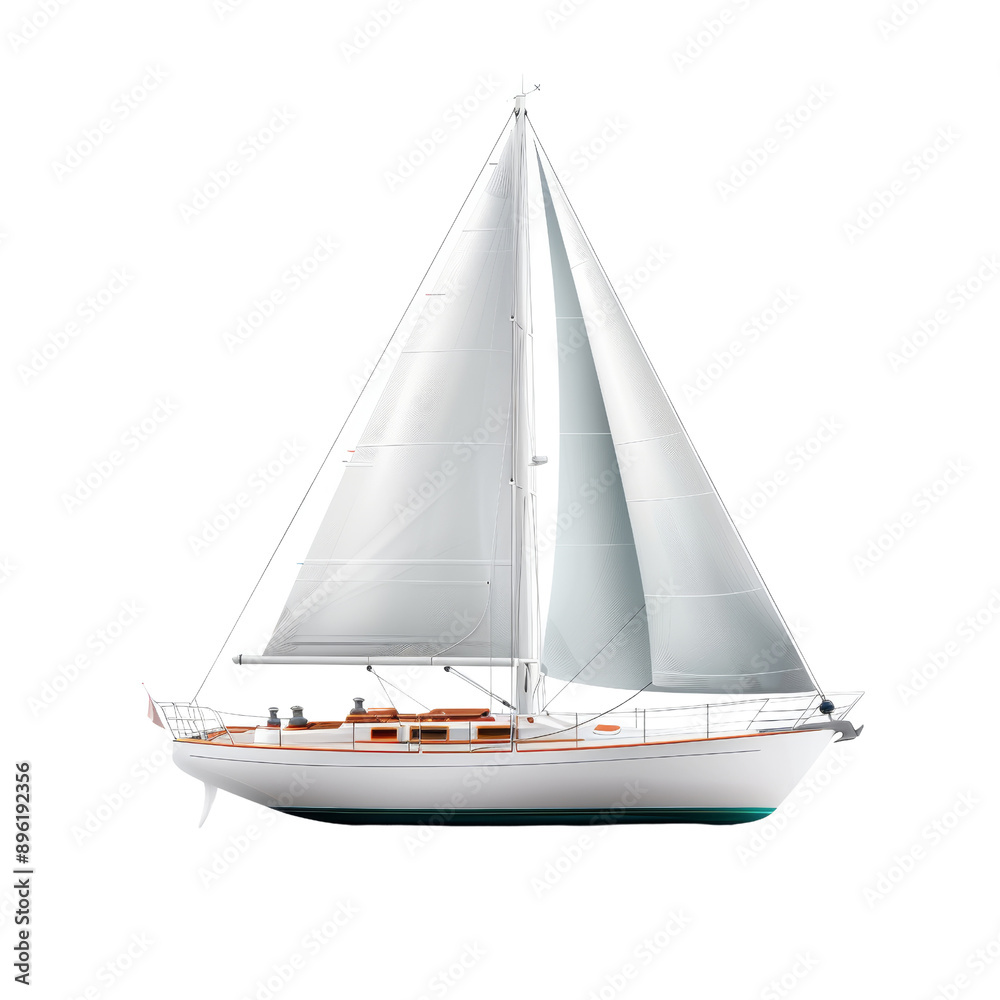 A sleek, white sailboat with pristine sails and wooden accents, set against a transparent background. Perfect for sailing and nautical themes. A sleek, white sailboat with pristine sails and wooden accents, set against a transparent background. Perfect for sailing and nautical themes.
