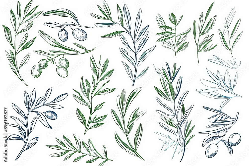 Modern illustrations of Olive Branches in a Linear Minimal Style. Use for creating logos, patterns, greeting cards and wedding invitations. Modern illustrations of Olive Branches in a Linear Minimal Style. Use for creating logos, patterns, greeting cards and wedding invitations.