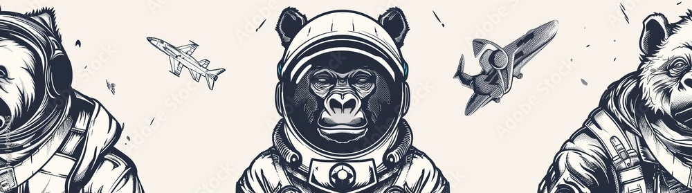 There are foxes and rhinoceroses dressed in suits, cats dressed as astronauts or spacemen. Lions and polar bears. Fashion animal characters set. Hand drawn sketch. Modern engraved illustration for There are foxes and rhinoceroses dressed in suits, cats dressed as astronauts or spacemen. Lions and polar bears. Fashion animal characters set. Hand drawn sketch. Modern engraved illustration for