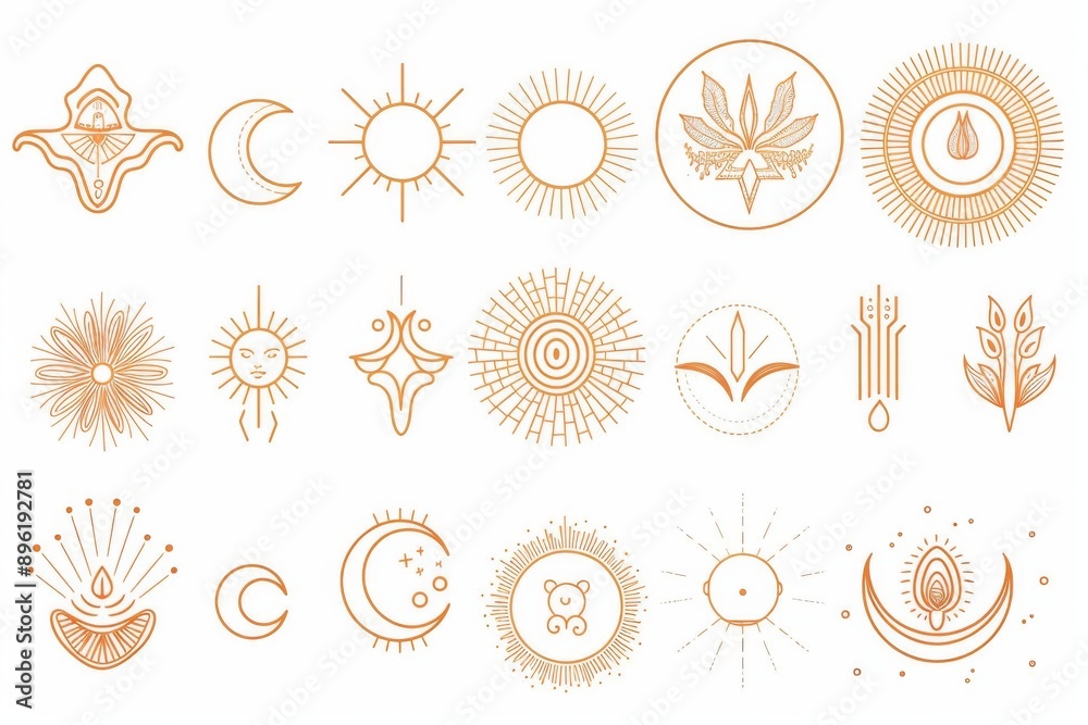Set of linear boho icons and symbols - sun logo design template - abstract design elements for decoration in modern minimalist style elements-03 Set of linear boho icons and symbols - sun logo design template - abstract design elements for decoration in modern minimalist style elements-03