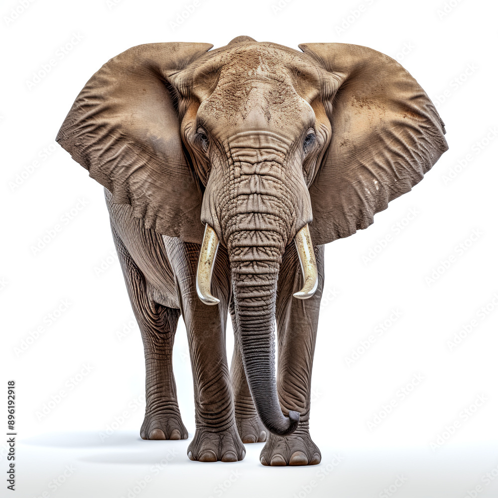 Fototapeta premium Prächtiger Elefant, freigestellt vor weißem Hintergrund, Generative AI