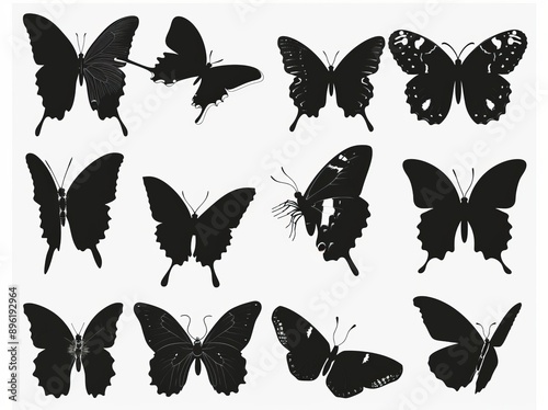 Summer and spring exotic symbols isolated modern set of elegant wild flying moths. Black butterfly silhouettes with romantic outline tattoos, tropical insects stencils.