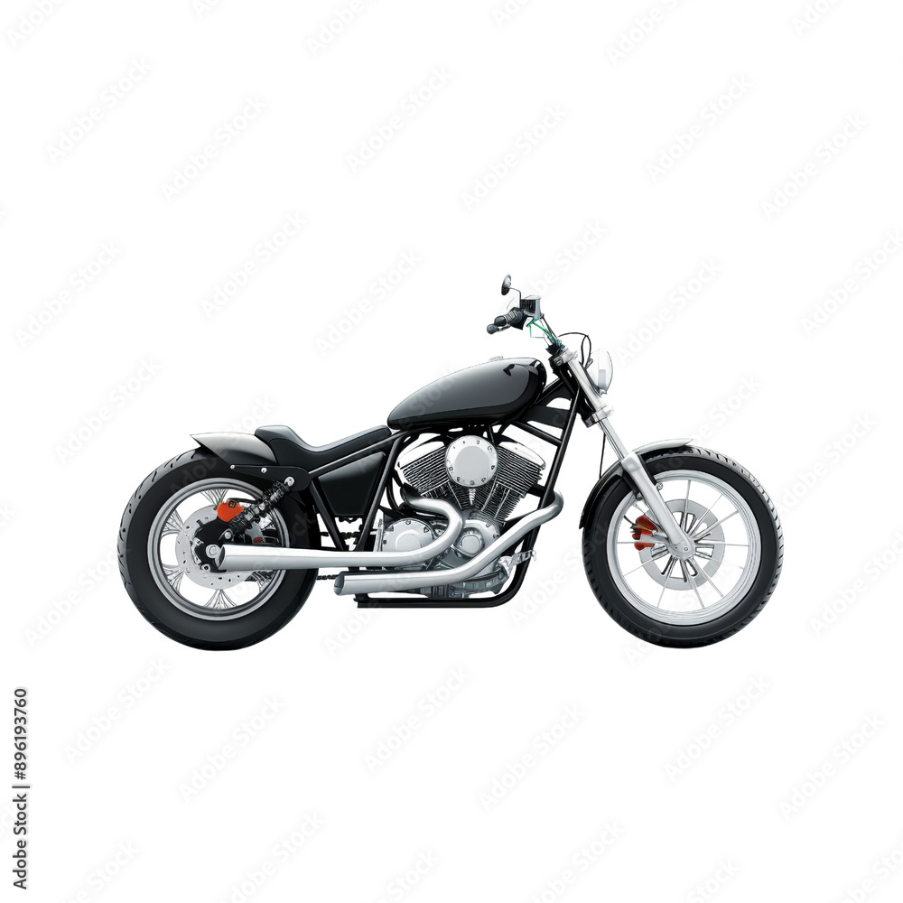 Black custom cruiser motorcycle isolated on white background. High-performance bike perfect for adventures, road trips, and motorcycle enthusiasts. Black custom cruiser motorcycle isolated on white background. High-performance bike perfect for adventures, road trips, and motorcycle enthusiasts.