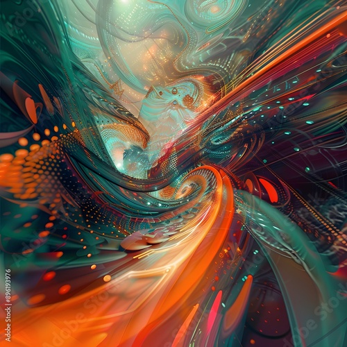 A lively and detailed photo of a contemporary digital art piece with dynamic and futuristic elements.