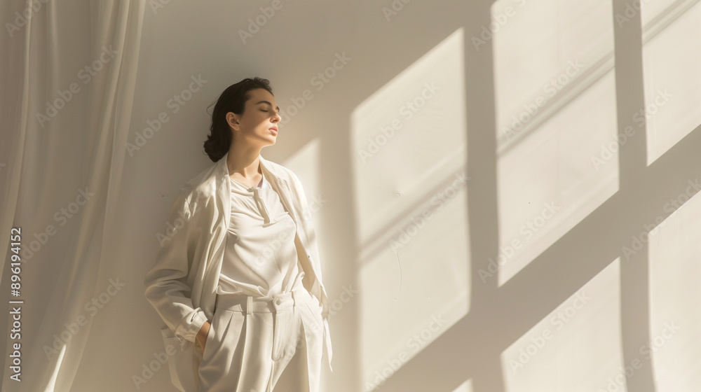 Model in a modern minimalist outfit against an elegant Model in a modern minimalist outfit against an elegant