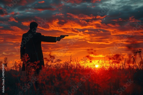 A person stands in an open field, extending their arm to hold a gun towards the vibrant, burning sunset, blending dramatic colors with a sense of solitude and contemplation.