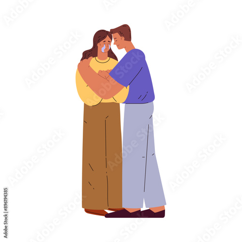 Suicide Prevention Month. Man hugs an upset woman by the shoulders.
