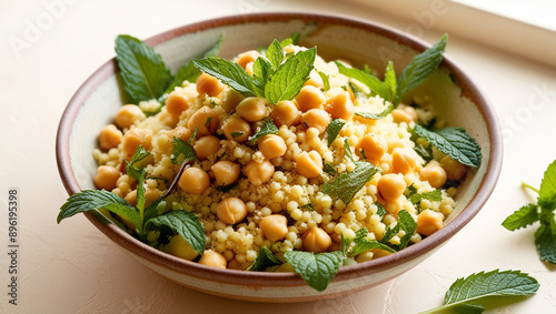 Couscous Salad with Chickpeas and Fresh Mint in a Ceramic Bowl