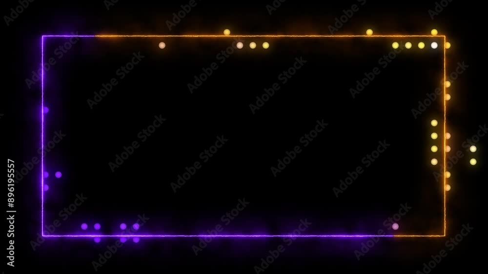 perfect neon glowing rectangle frame for halloween theme. Orange and purple neon lines with bulbs