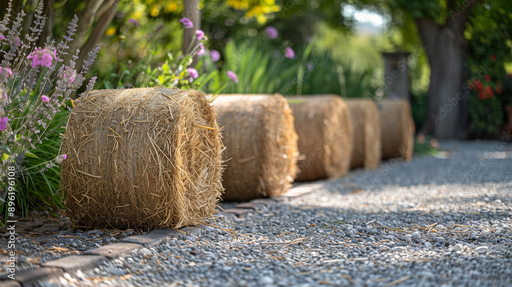 Small decorative hay bales used as ornamental elements in a garden or on a patio Small decorative hay bales used as ornamental elements in a garden or on a patio