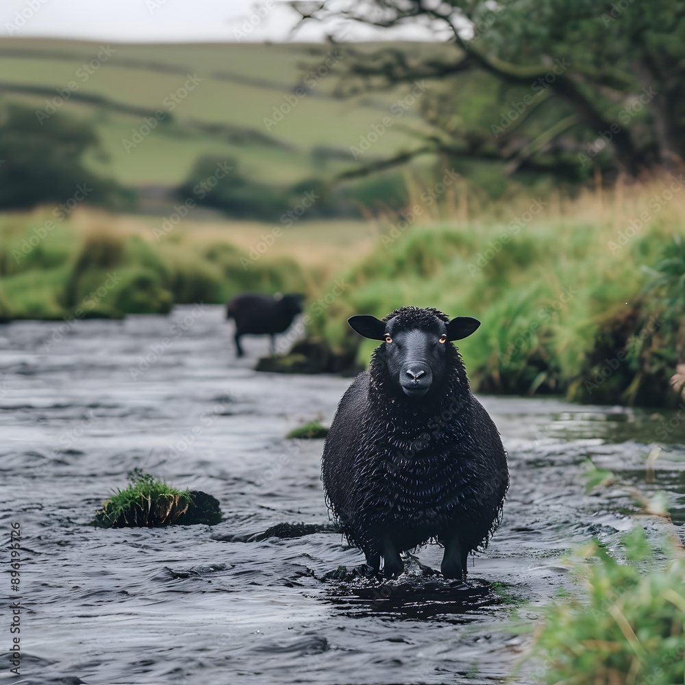 Black Sheep Standing in a River Black Sheep Standing in a River