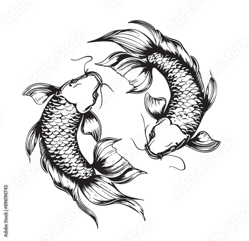 Pisces zodiac sign, boho line tattoo, two beautiful fishes Vector engraving stylization, horoscope element water, hand drawn illustration isolated on white background.
