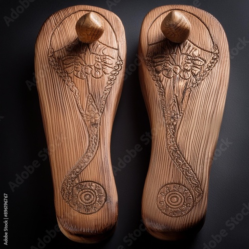 Two wooden India's ancient archetypal footwear. intricate decorative carving on black photo