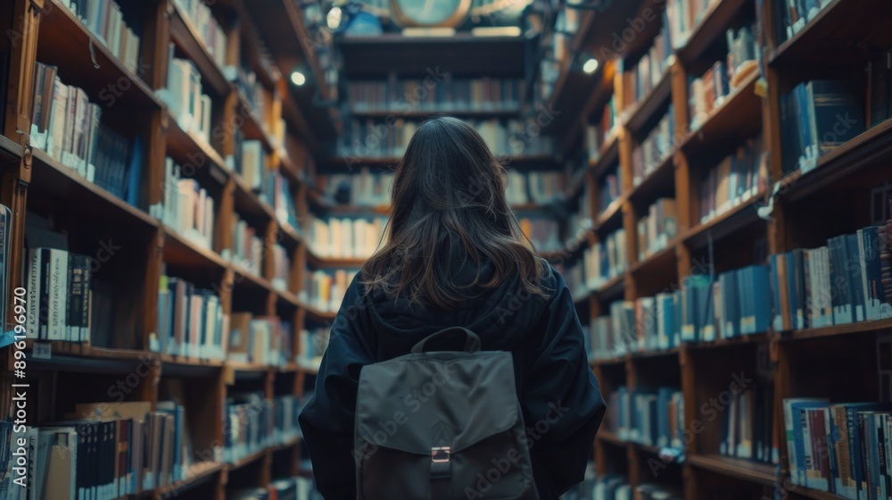 A young woman with her bagpack standing in library A young woman with her bagpack standing in library