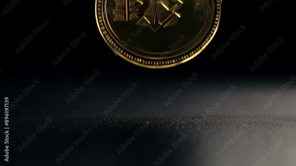 Slow motion of casino token falling, hitting jackpot under dramatic lighting in black background