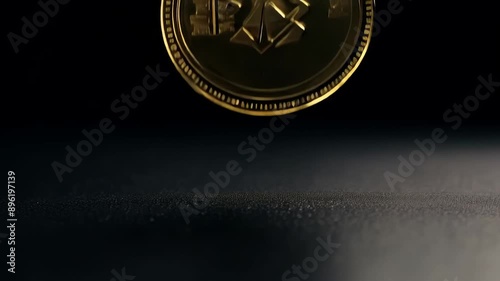 Slow motion of casino token falling, hitting jackpot under dramatic lighting in black background
