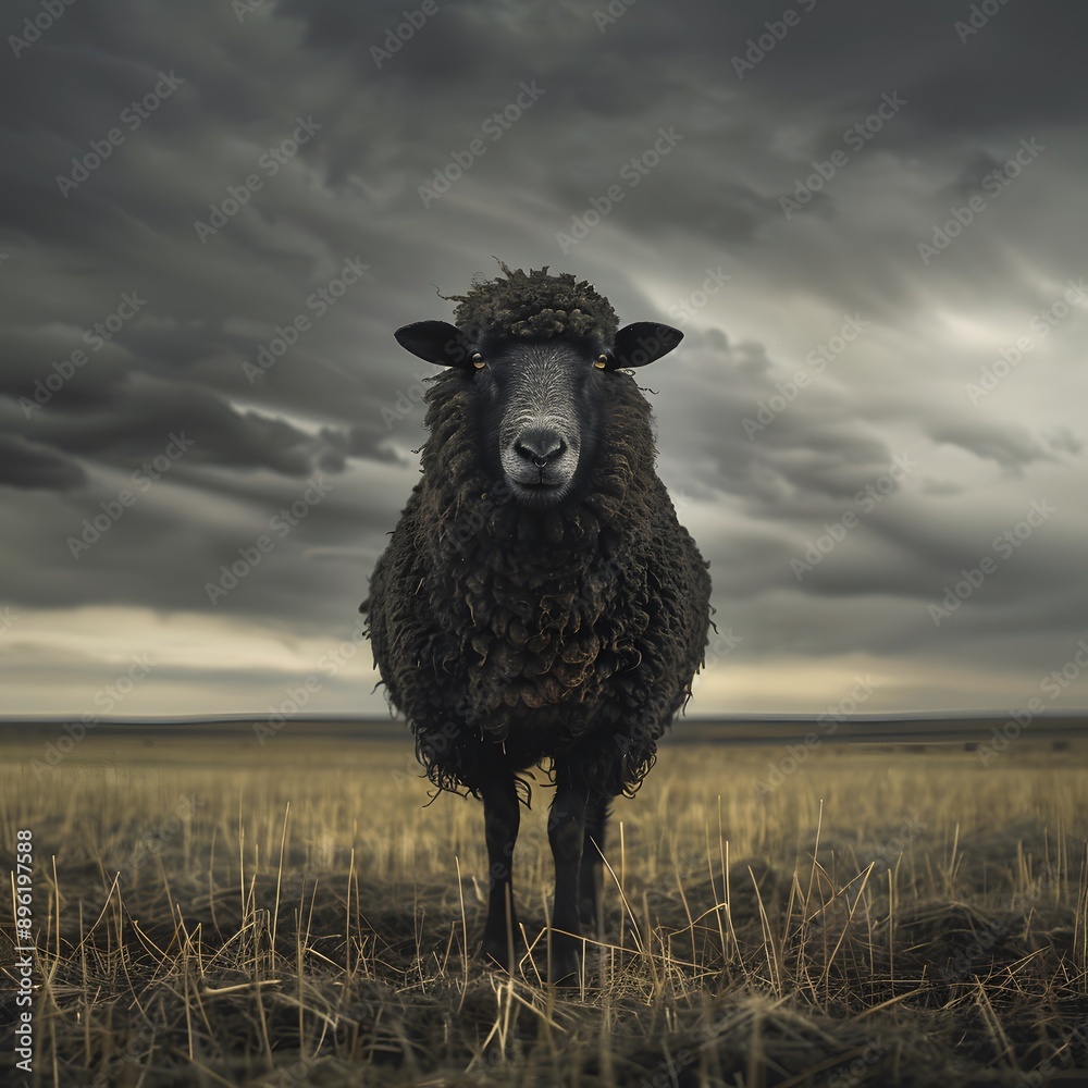 Fototapeta premium Black Sheep Standing in a Field Under a Stormy Sky