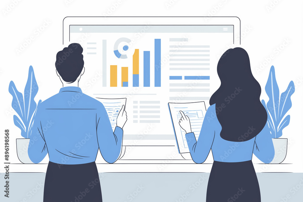 2 people in business meeting with big screen infographic behind 2 people in business meeting with big screen infographic behind