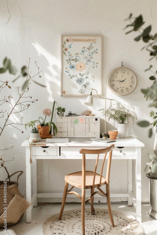 Home office interior with white desk, chair, plant, clock and decorations. Home office interior with white desk, chair, plant, clock and decorations.