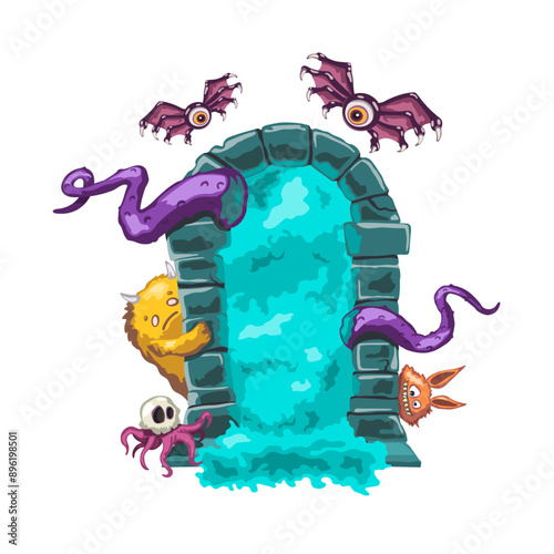 Cartoon monsters portal. Isolated stone door with scary tentacles. Fantasy funny demons art. Kid's dreams drawing. Colorful poster with fantasy cute aliens