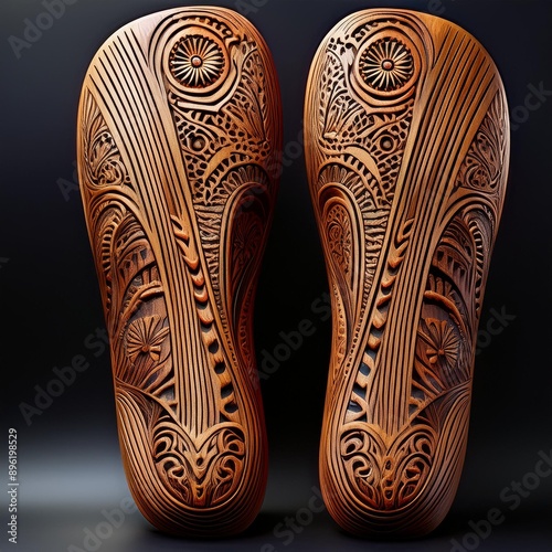 Two wooden India's ancient archetypal footwear. intricate decorative carving on black photo