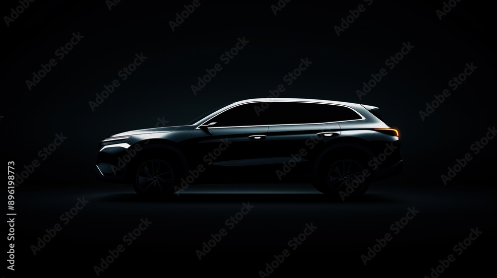 Side view silhouette of a modern SUV car with clean lines on a dark background highlighting its sleek design. Side view silhouette of a modern SUV car with clean lines on a dark background highlighting its sleek design.