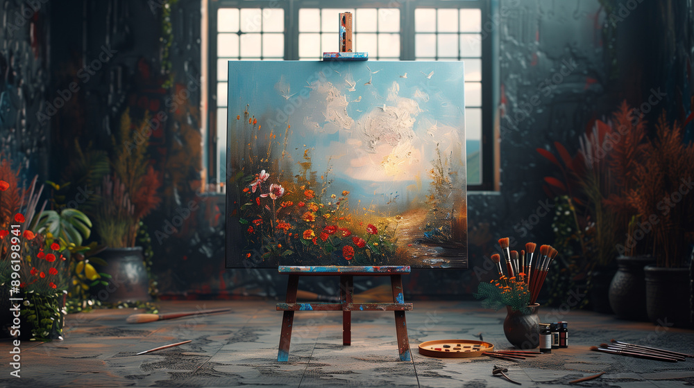 Blank canvas on an easel with paint palette, brushes, and tubes of paint nearby, creating a scene prepared for art creation Blank canvas on an easel with paint palette, brushes, and tubes of paint nearby, creating a scene prepared for art creation