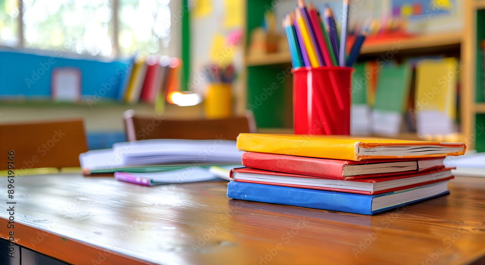books lie on a table in a school, with a classroom and school supplies on the background, back to school, September