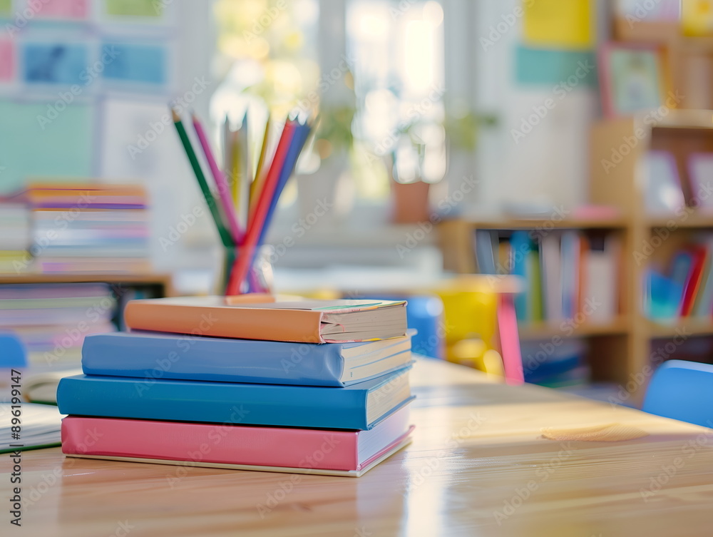 books lie on a table in a school, with a classroom and school supplies on the background, back to school, September books lie on a table in a school, with a classroom and school supplies on the background, back to school, September