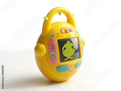 Vintage 90s mobile game in trendy style, Tamagotchi toy isolated on white background, layout photo