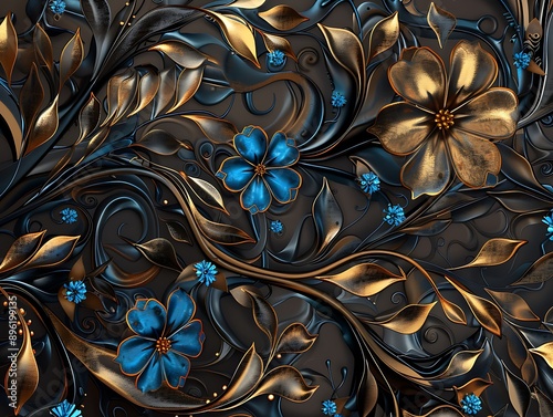 Black and gold fluid art adorned with blue and bronze floral patterns photo