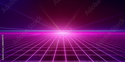 Synthwave backround template. Retro futuristic perspective grid backdrop. Simple sci-fi retro party flyer, banner, poster or cover. 80s or 90s style wireframe virtual scene.
