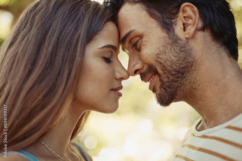 Outdoor, couple and happy with forehead touch in park for bonding, love and affection in Spain. People, relationship and smile for support with care as lovers on break to relax, rest and embrace Outdoor, couple and happy with forehead touch in park for bonding, love and affection in Spain. People, relationship and smile for support with care as lovers on break to relax, rest and embrace