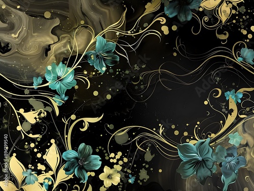 Bright and cheerful fluid art in yellow and blue with intricate swirls photo