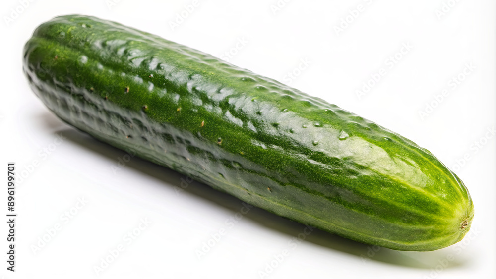 A fresh, green cucumber sits on a white background A fresh, green cucumber sits on a white background
