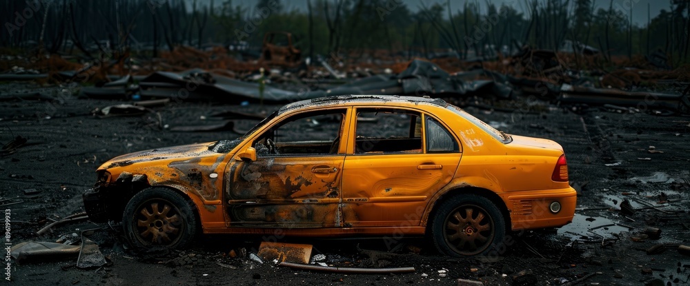A Burned Car With A Burned-Out Car Body, Representing Destruction And Abandonment A Burned Car With A Burned-Out Car Body, Representing Destruction And Abandonment