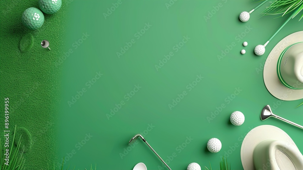 Fototapeta premium golf equipment arranged in a flat lay style on a green background with copy space image.illustration