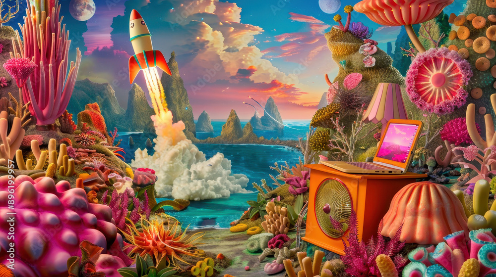 Fototapeta premium Vibrant surreal digital art of a fantasy seascape with a rocket launch, colorful coral, and a laptop in a whimsical underwater world.