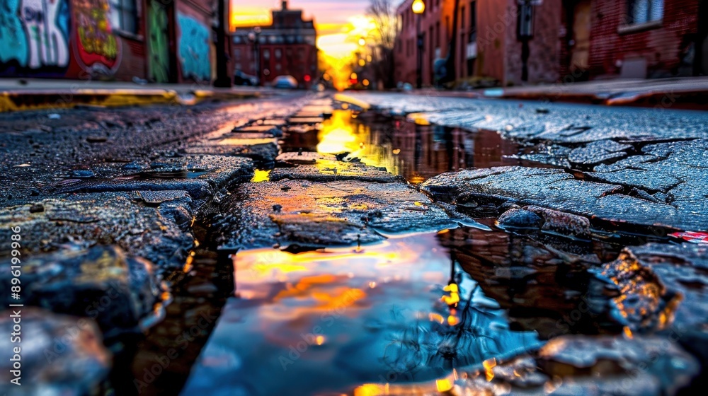Vivid sunset reflects in a puddle on a cracked urban street, showcasing colorful urban decay and city street textures. Vivid sunset reflects in a puddle on a cracked urban street, showcasing colorful urban decay and city street textures.