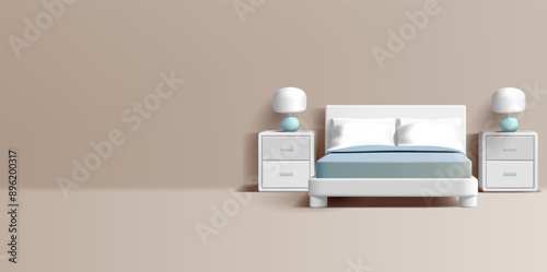 Bedroom interior, 3D. White bed and sideboards, sideboards. Banner for advertising home comfort, hotels, housing, and recreation. Vector