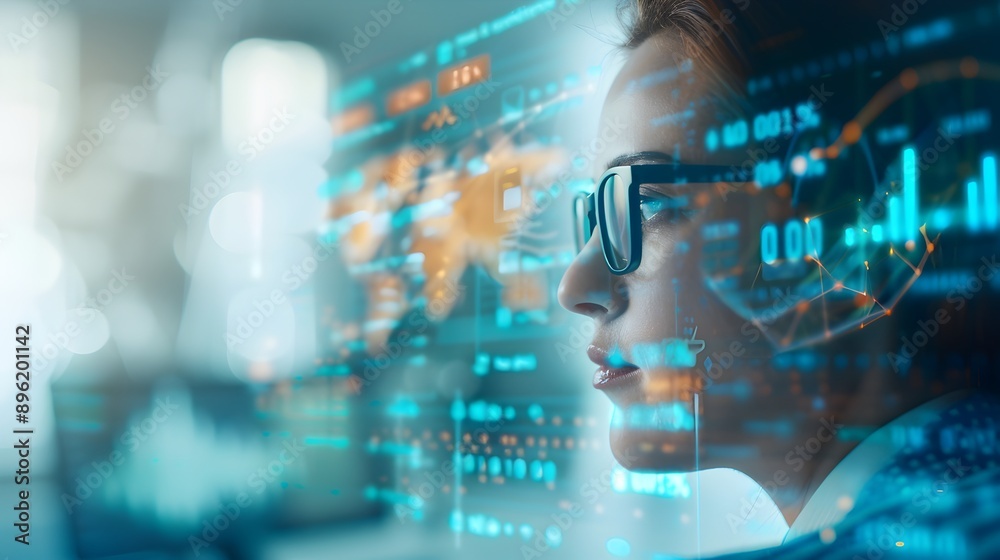 A young woman wearing glasses looks at a screen with digital data and graphs, possibly analyzing financial markets. A young woman wearing glasses looks at a screen with digital data and graphs, possibly analyzing financial markets.