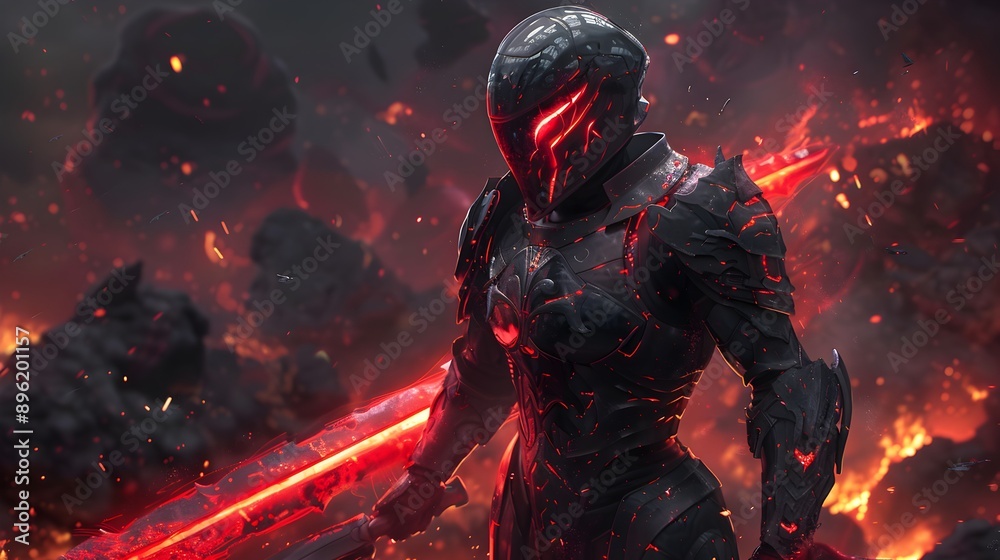 Female warrior dressed in a black armor with red glowing eyes and holding a red sword. Female warrior dressed in a black armor with red glowing eyes and holding a red sword.