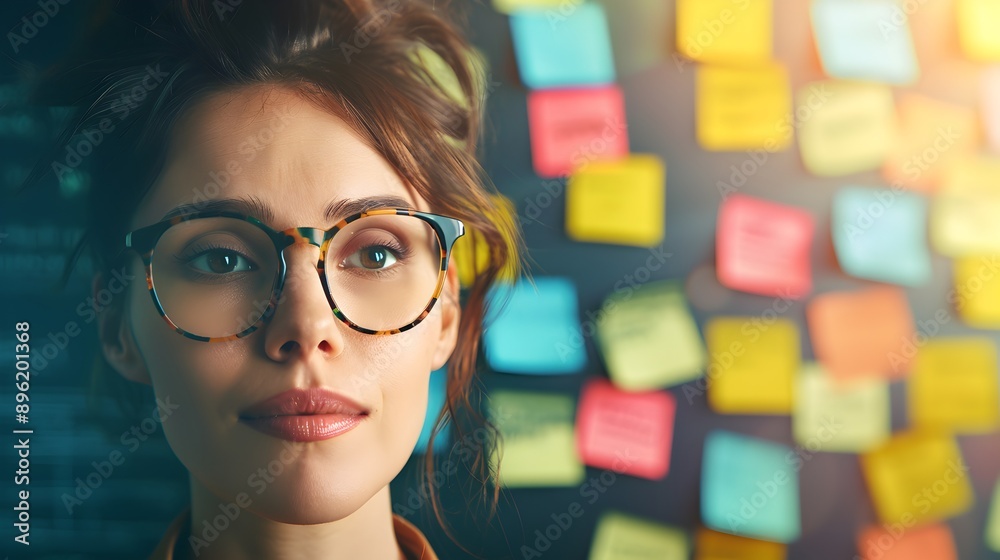 Thoughtful Woman Looking at Sticky Notes