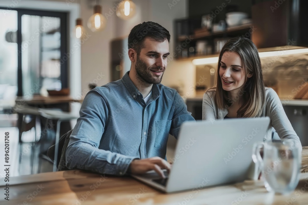Young couple using laptop in cafe, man and woman sitting at table with cup of coffee Young couple using laptop in cafe, man and woman sitting at table with cup of coffee