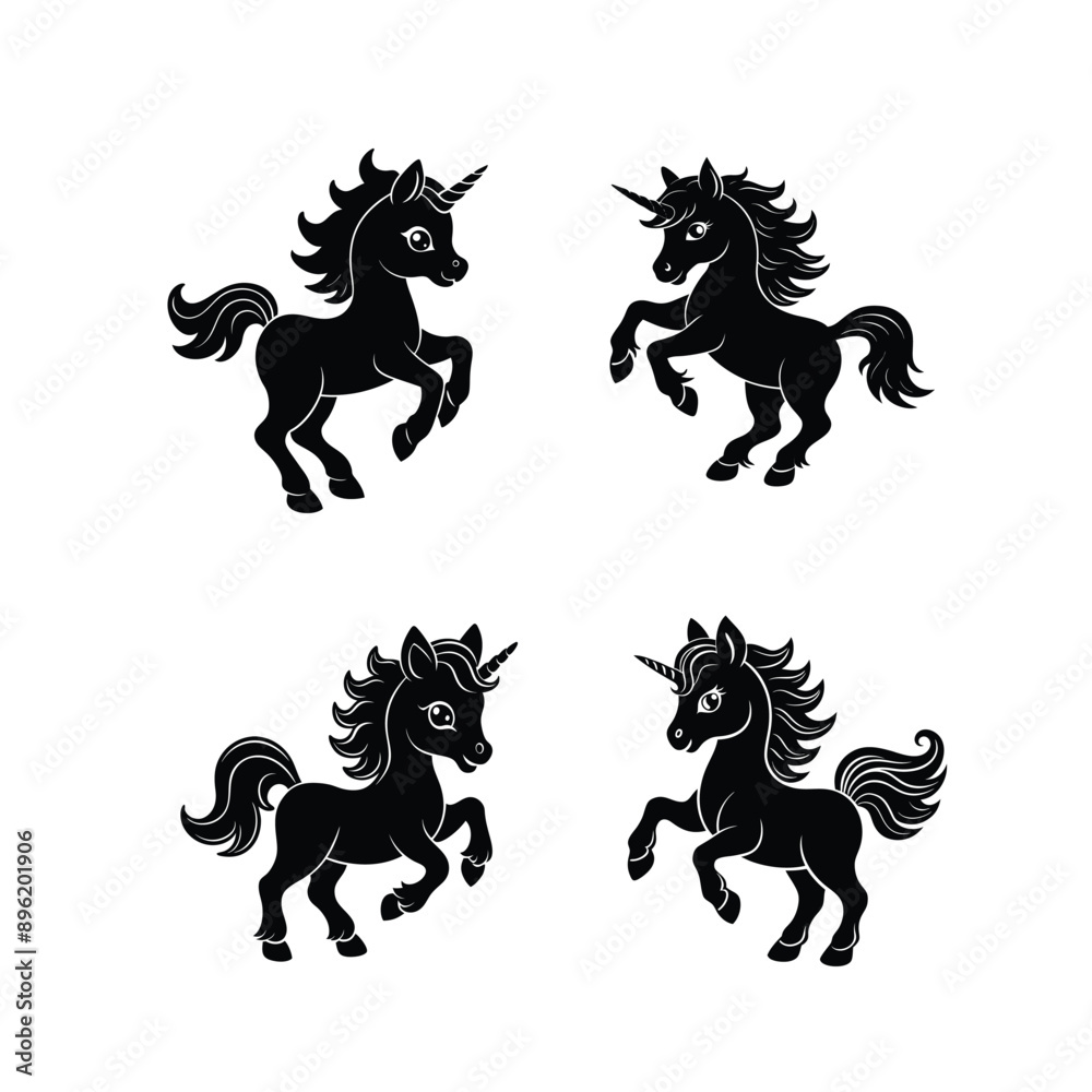 Fototapeta premium Black Baby Unicorn Silhouette Set