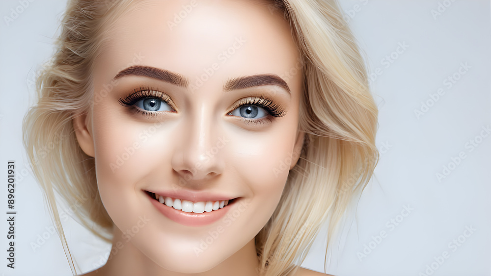 Fototapeta premium Portrait of beautiful young blond woman with blue eyes and makeup.