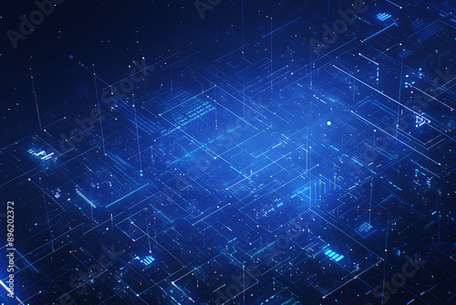 A binary background with dark blue and touches of neon highlights creating a technological and futuristic aesthetic