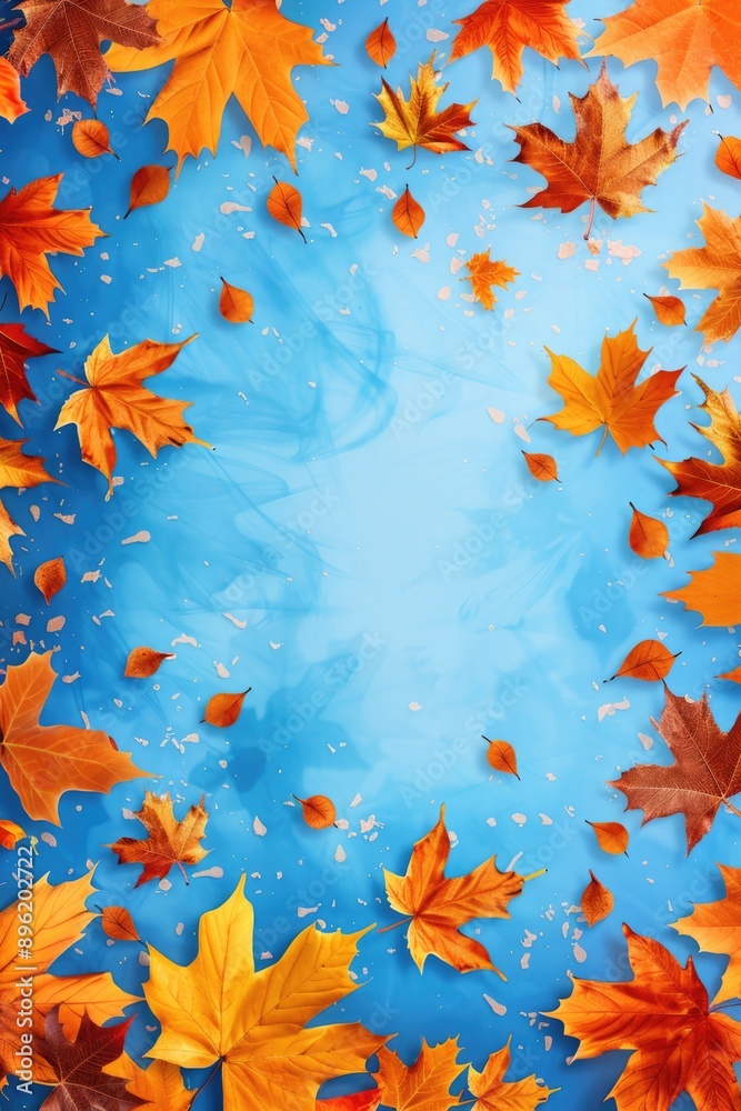A vast expanse of blue sky dotted with vibrant orange and yellow leaves, perfect for environmental or nature-related contexts A vast expanse of blue sky dotted with vibrant orange and yellow leaves, perfect for environmental or nature-related contexts